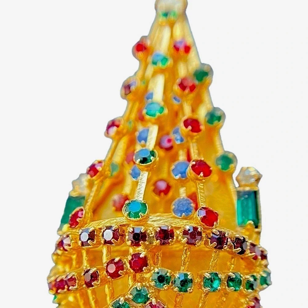 Joseph Warner Chandelier Christmas Tree Brooch w/ Candles and Rhinestones RARE